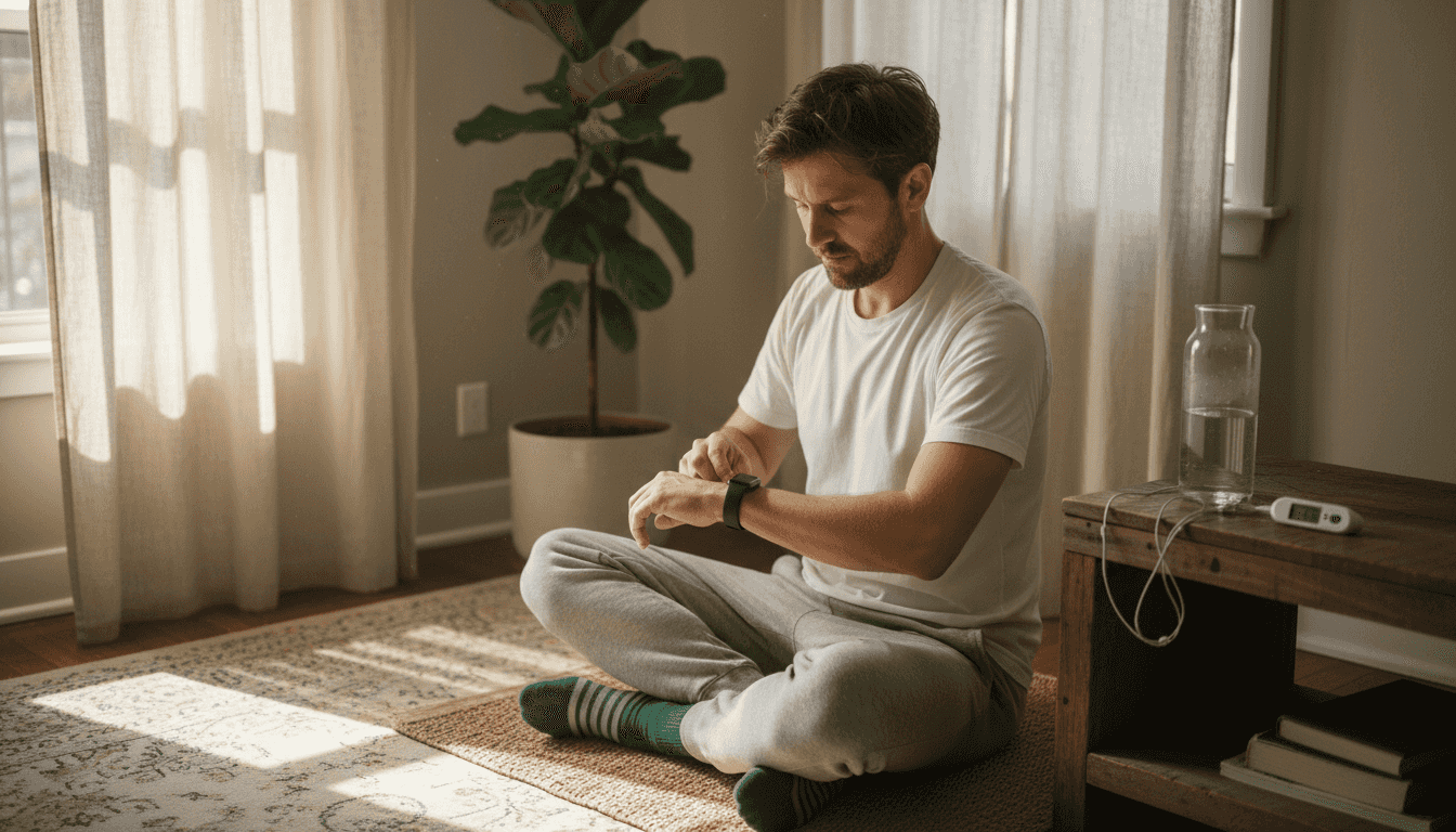 Un bărbat își reglează brățara de fitness într-o cameră de zi plină de lumină naturală.