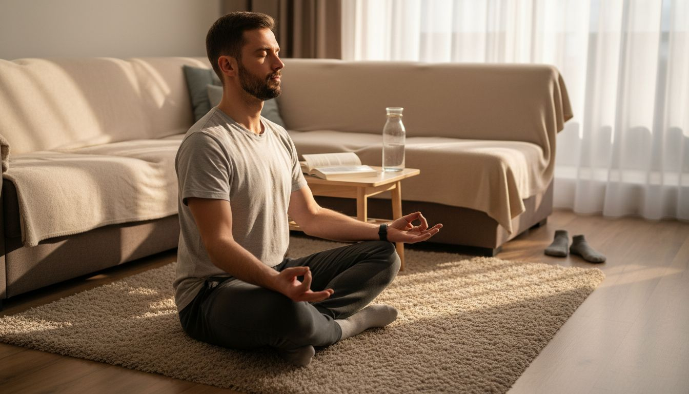 Un bărbat își începe dimineața cu exerciții de respirație, chiar în confortul propriei case.