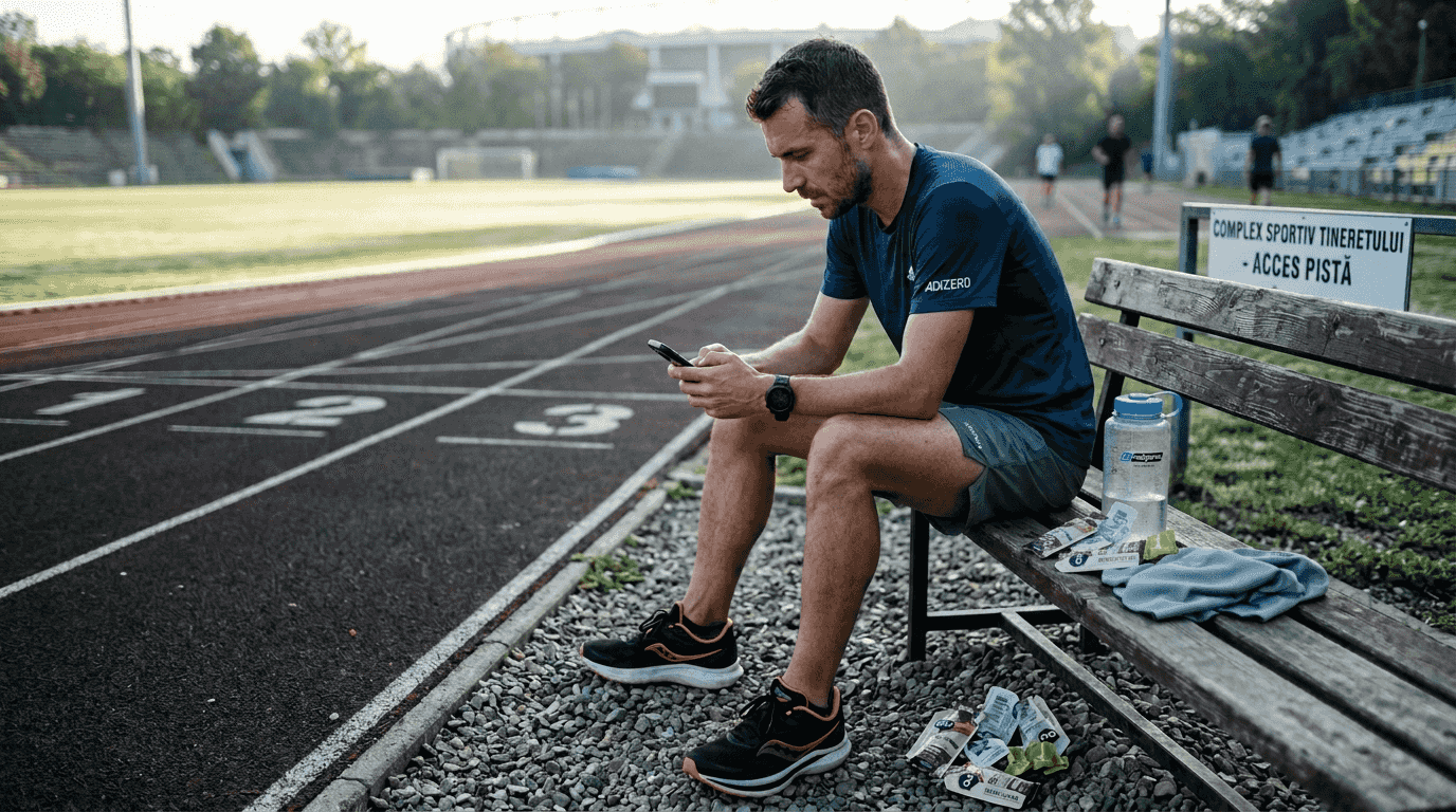 Un atlet își monitorizează în timp real datele de biohacking în timp ce aleargă pe pistă