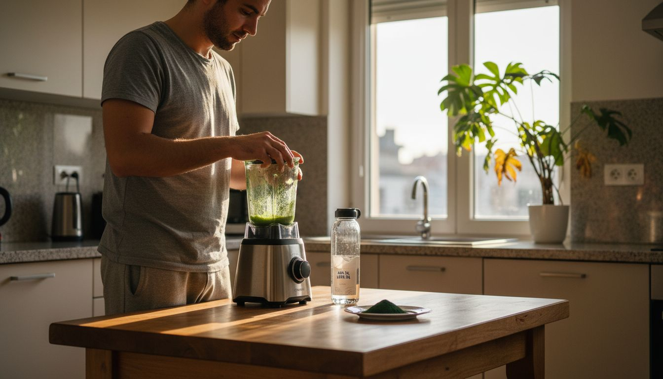 Un bărbat își pregătește un smoothie proaspăt în propria bucătărie.