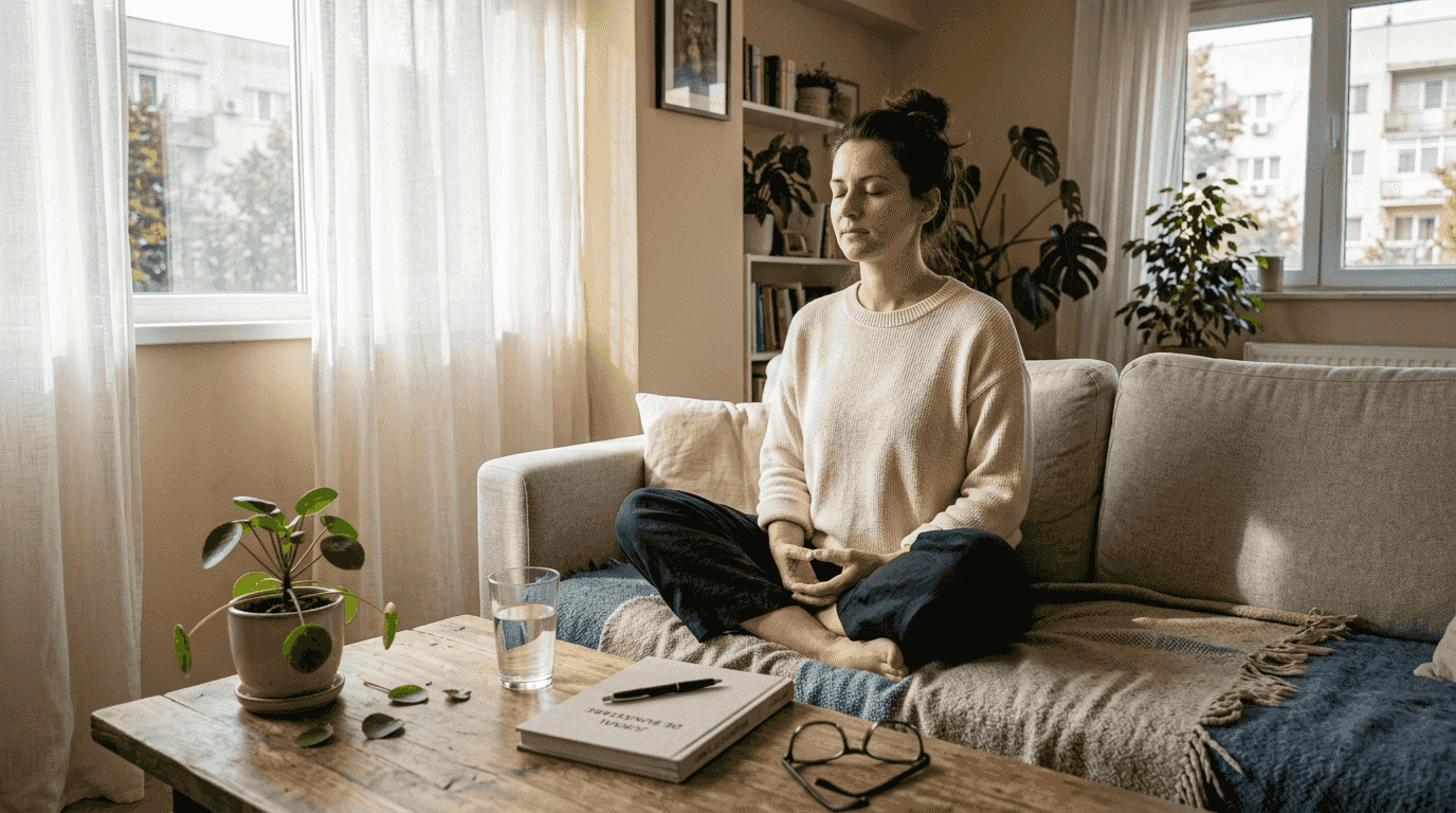 O femeie se relaxează și practică mindfulness într-un living luminos, plin de liniște și energie pozitivă.