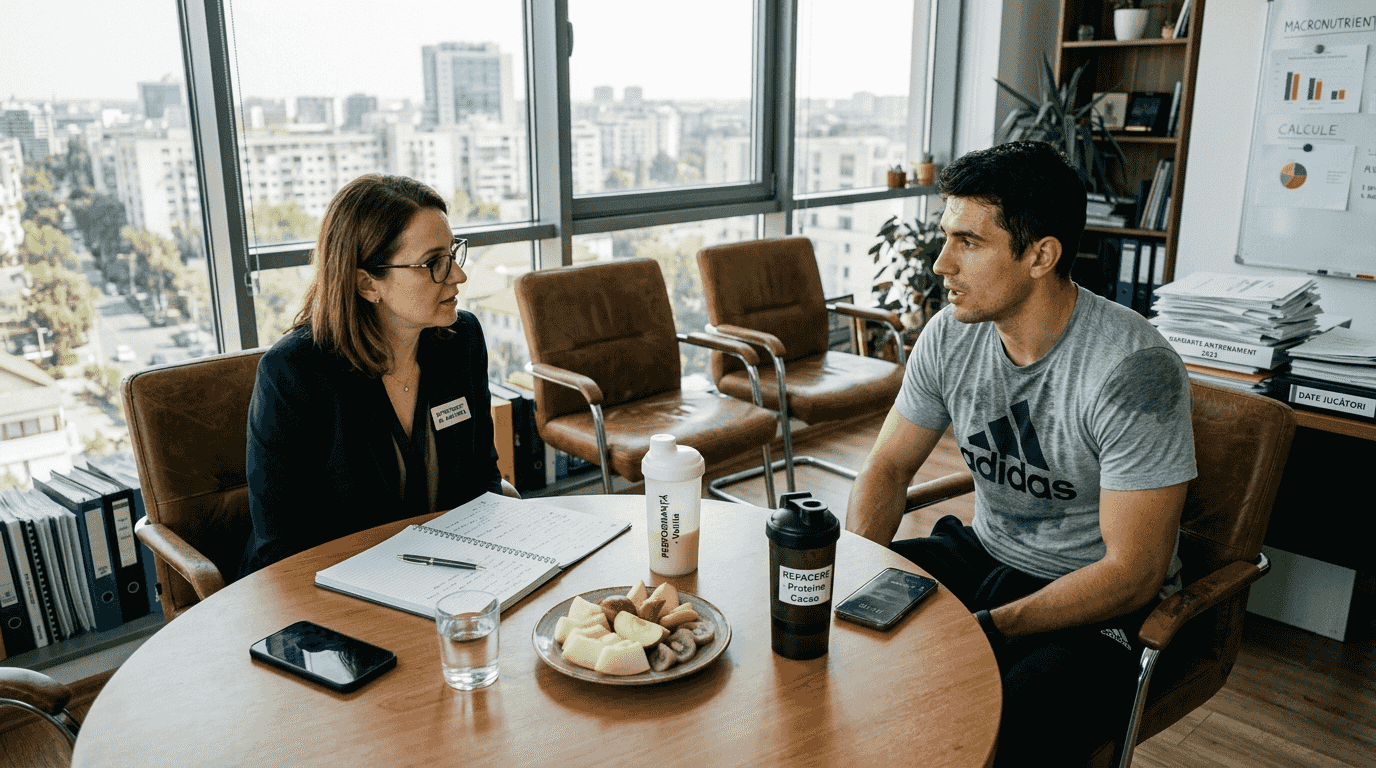 Un sportiv discută cu nutriționistul despre alimentație, stând la masă.