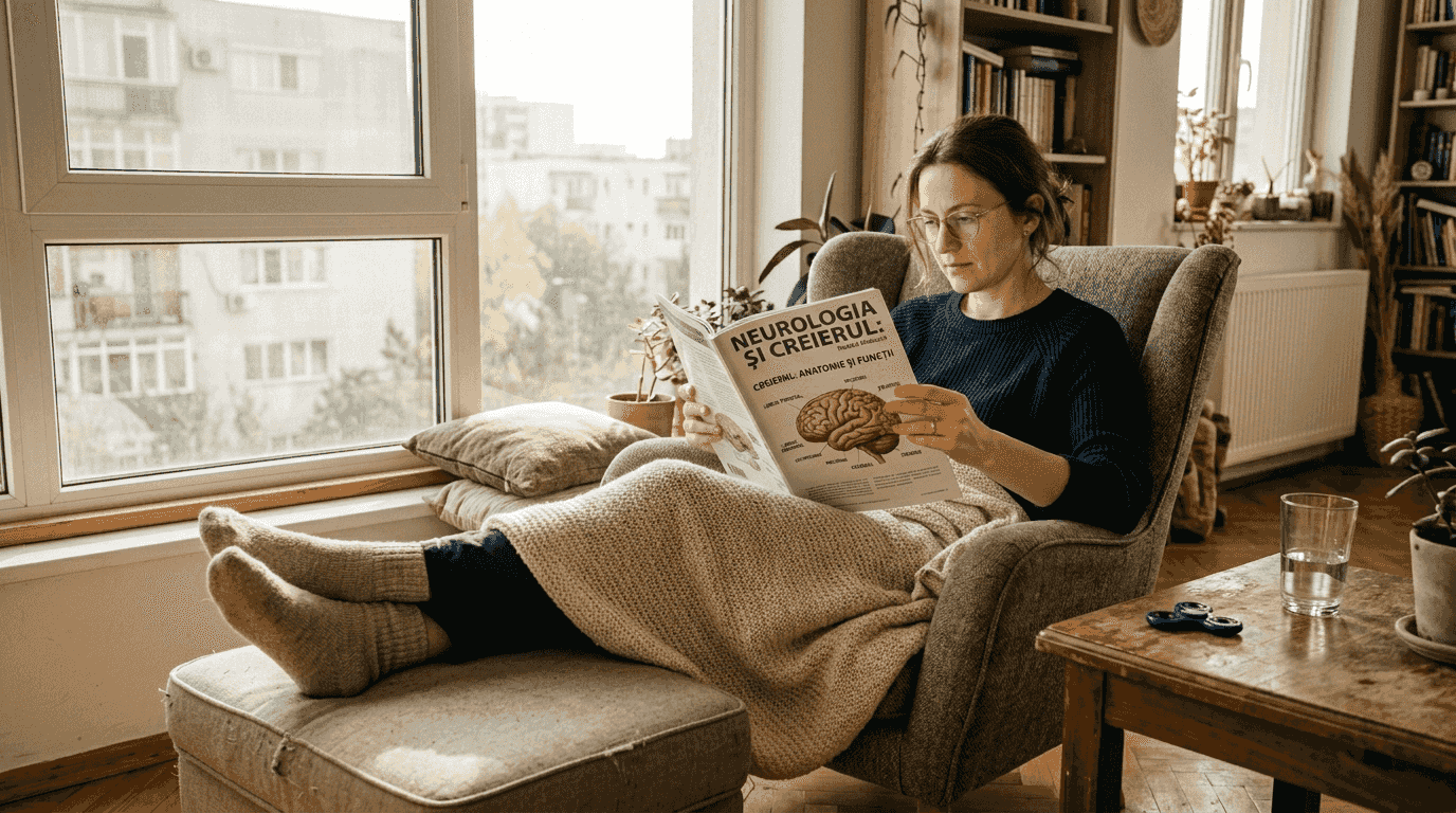 O femeie citește despre sănătatea creierului într-o cameră luminată de soare, bucurându-se de liniște și de atmosfera caldă.