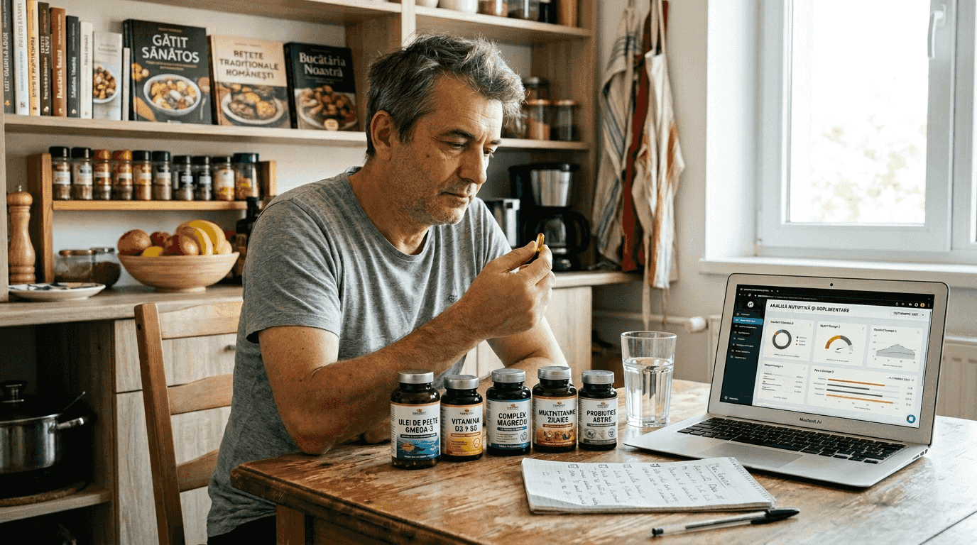 Un bărbat stă la masa din bucătărie și analizează ce suplimente pentru memorie și concentrare să aleagă.