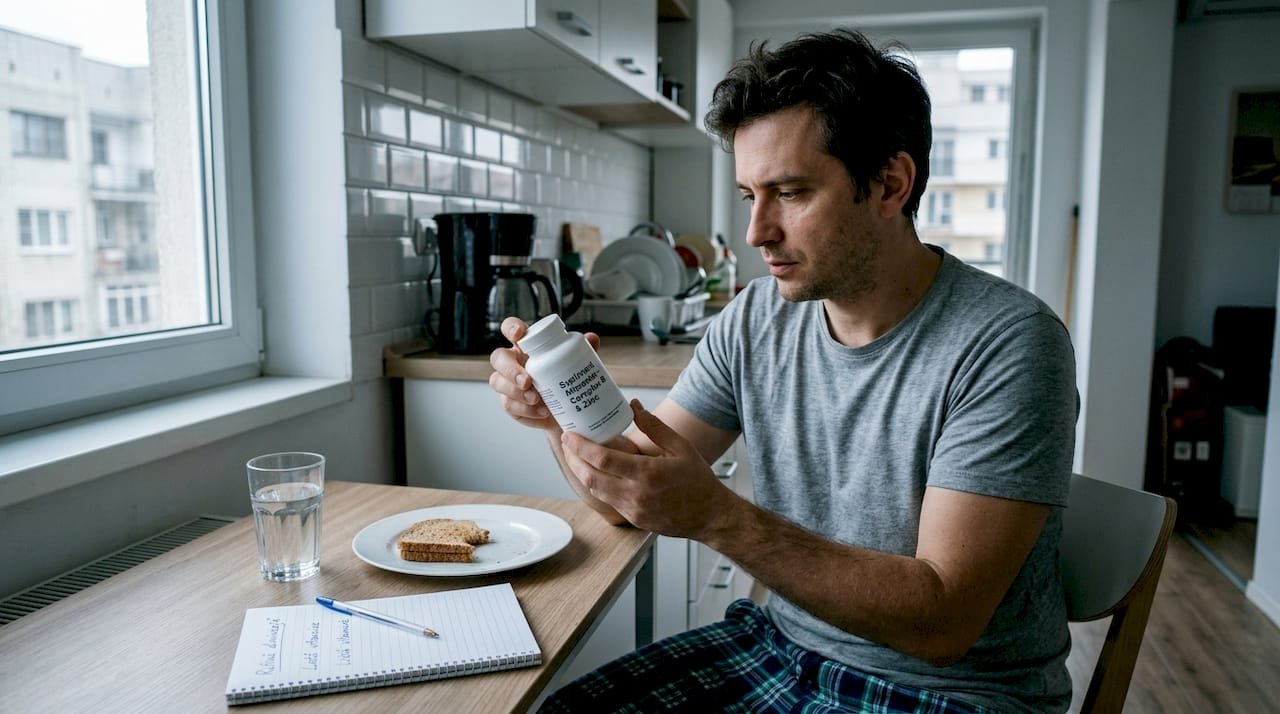 Un bărbat citește atent eticheta unui supliment alimentar, chiar în bucătărie.