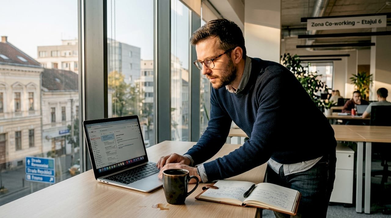 Un bărbat lucrează la calculator într-un birou open-space, spațios și bine luminat.