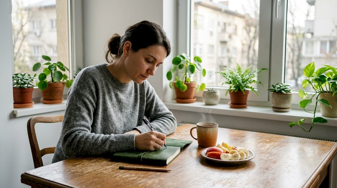 O femeie stă liniștită acasă și își notează gândurile în jurnal, bucurându-se de momente de relaxare.