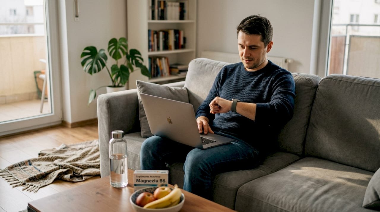 Un bărbat își urmărește starea de sănătate folosind metode de biohacking chiar la el acasă.