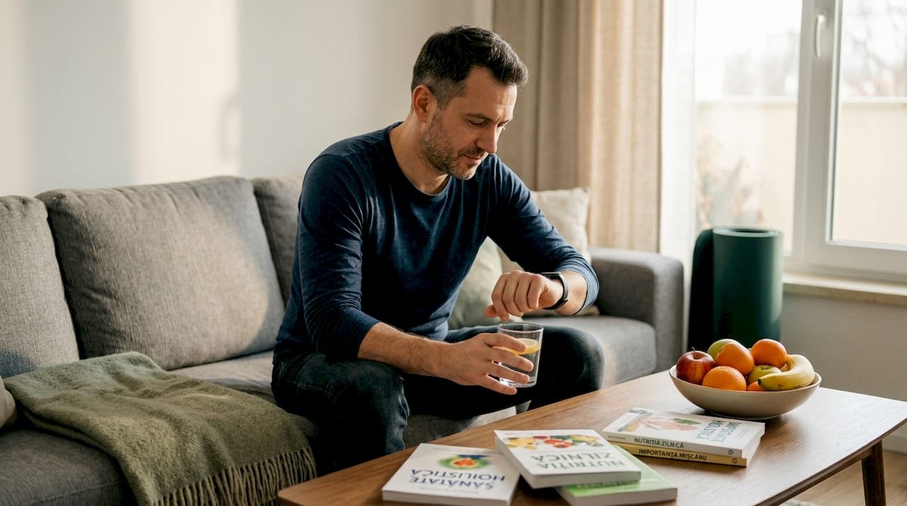 Bărbat care își monitorizează rutina de biohacking de dimineață acasă