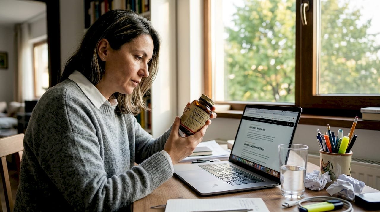 Femeie care analizează suplimente alimentare la biroul său de acasă