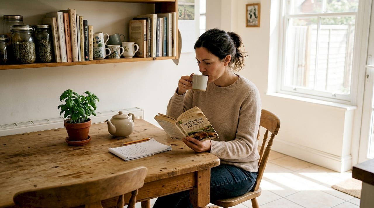 O femeie răsfoiește articole despre adaptogeni, stând la masa din bucătărie, luminată de soare.