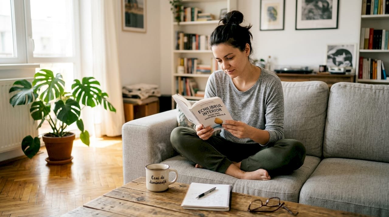 O tânără se bucură de o clipă de liniște, stând comod pe canapea cu o carte în mână.