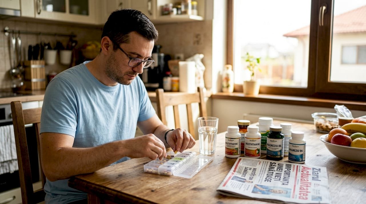 Un bărbat își pregătește suplimentele pentru creier la masa din bucătărie, așa cum face în fiecare dimineață.