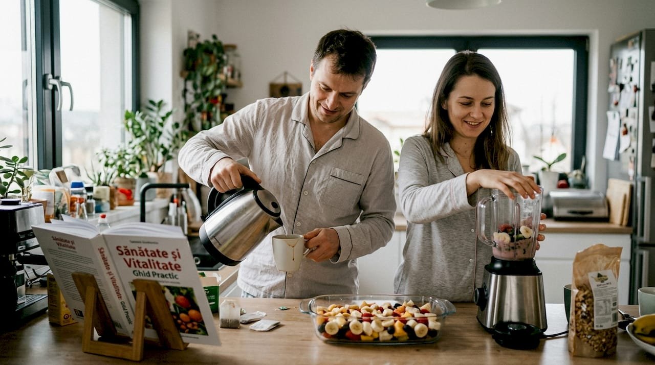 Un cuplu își pregătește băutura preferată pentru un plus de energie