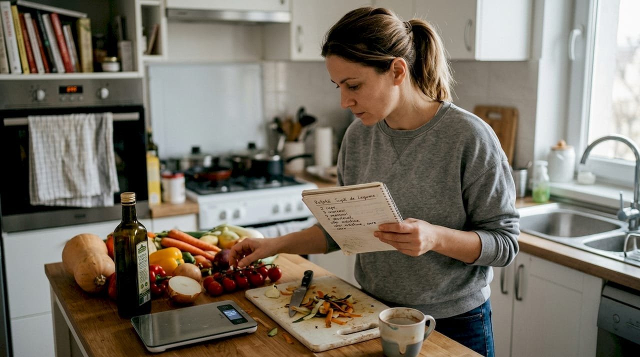 O femeie își organizează meniul de biohacking în bucătărie, punând la punct fiecare detaliu pentru un stil de viață sănătos și personalizat.