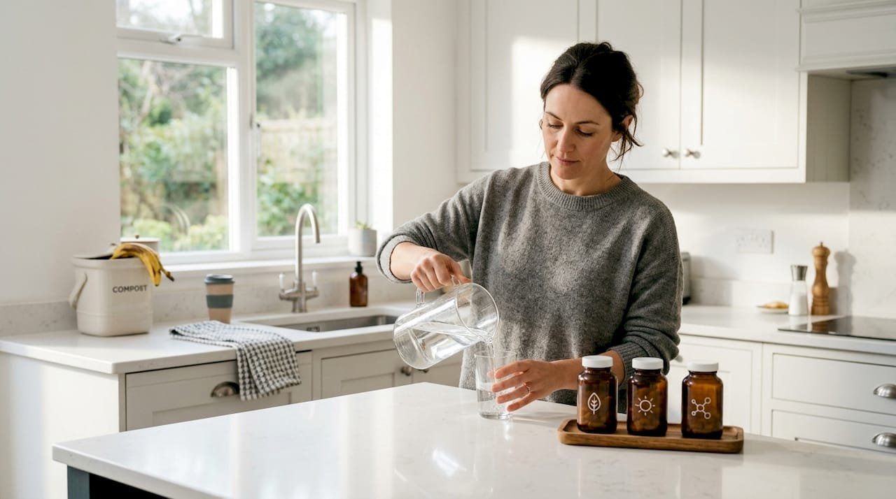 O femeie care își începe ziua într-o bucătărie luminoasă, luând suplimente adaptogene pentru sănătate și energie.