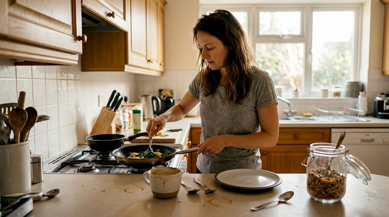 O femeie gătește un mic dejun sănătos, bogat în vitamina B, pentru a începe ziua cu energie.