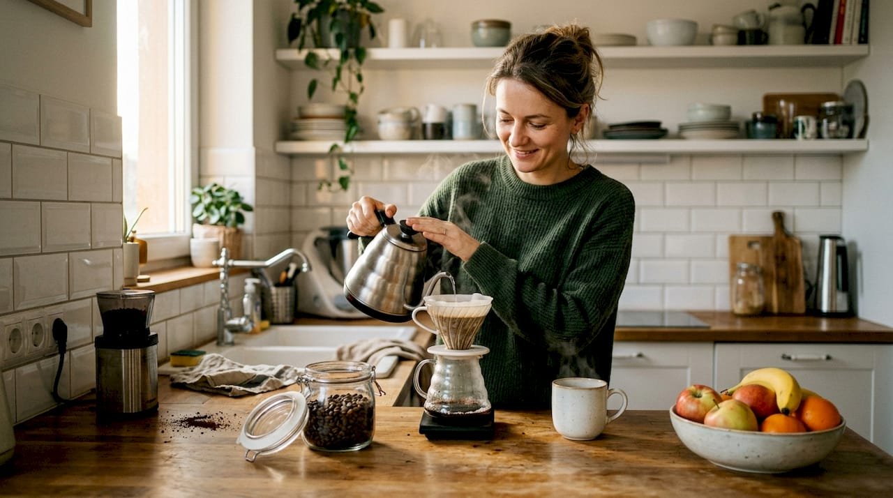 O femeie face cafea la filtru în bucătărie.