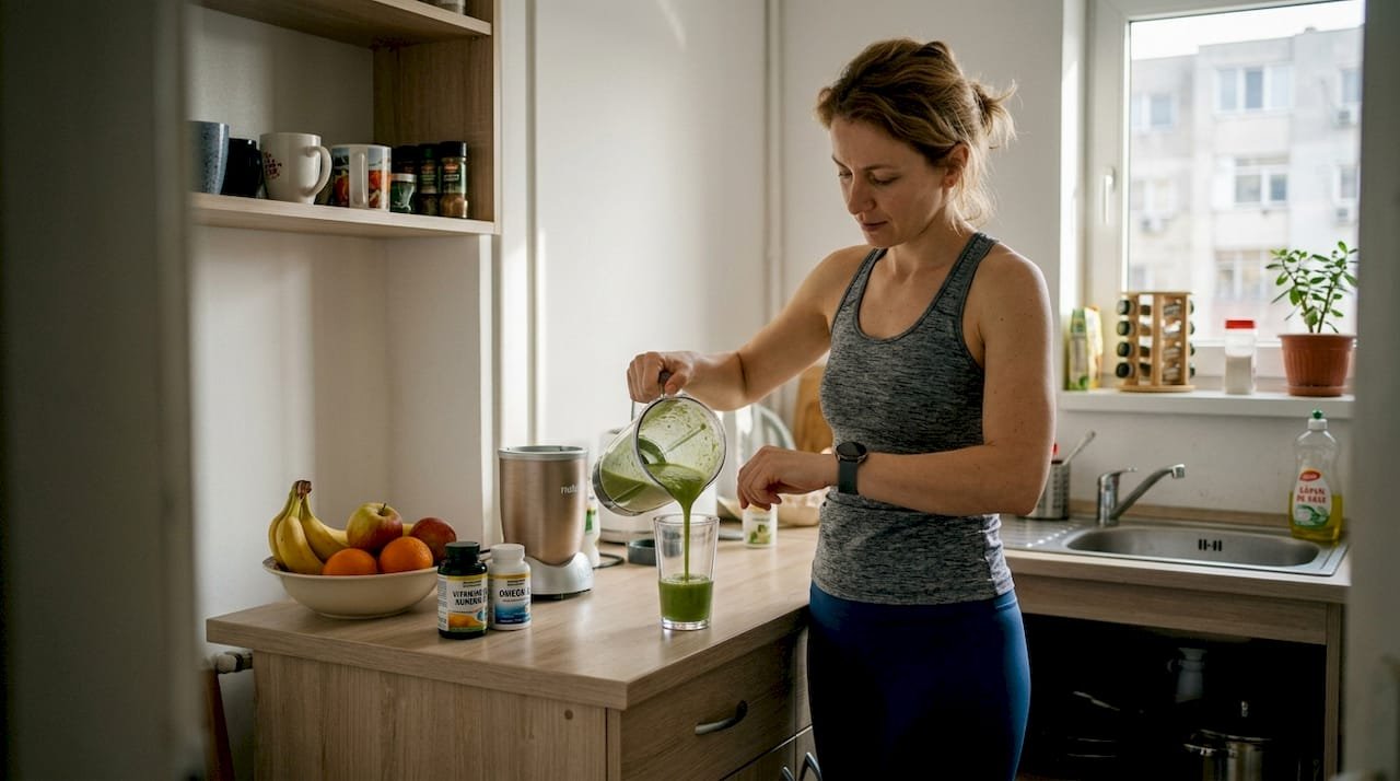O femeie pregătește un smoothie într-o bucătărie mică, profitând de fiecare colțișor pentru a-și face băutura preferată.