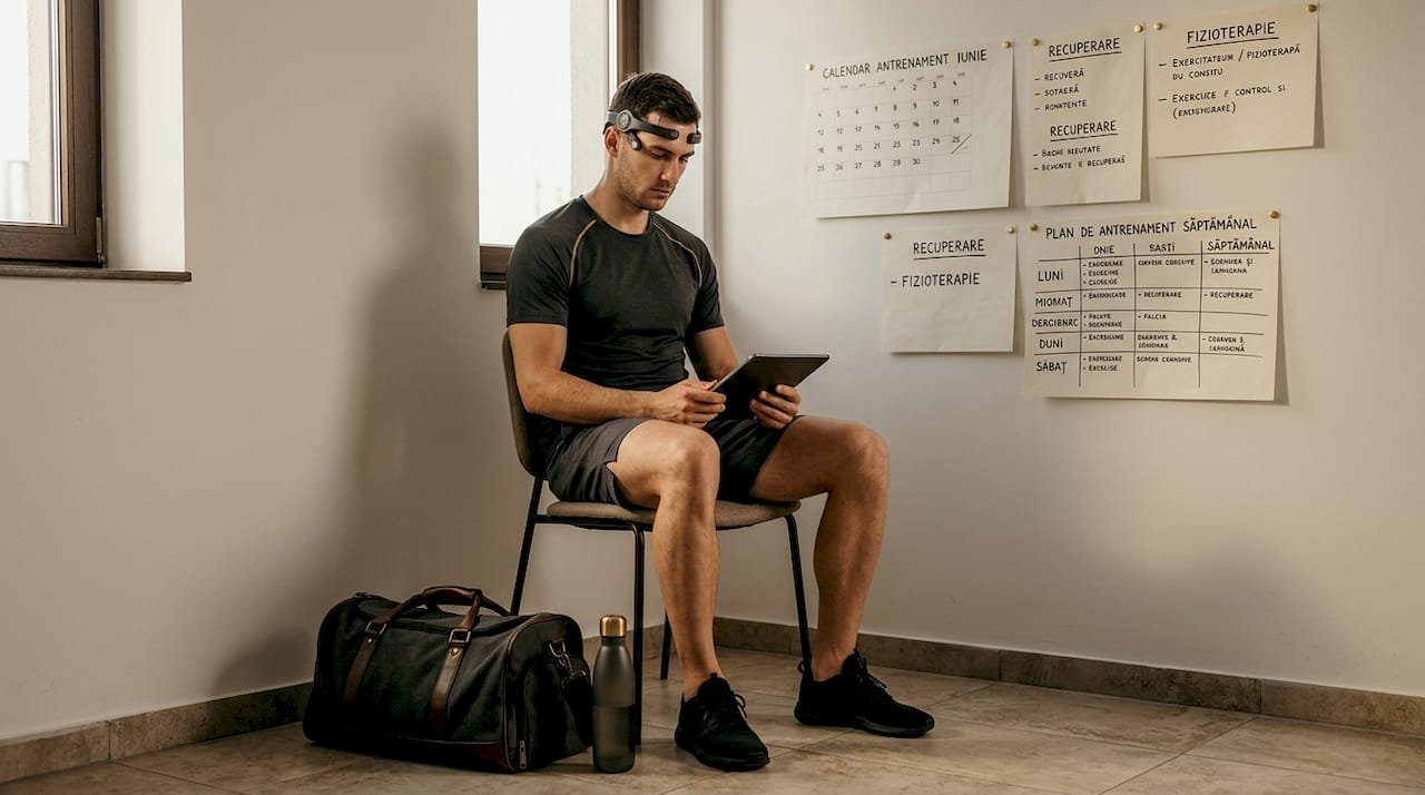 Un sportiv folosește neurofeedback EEG chiar la birou, pentru a-și îmbunătăți performanța mentală.