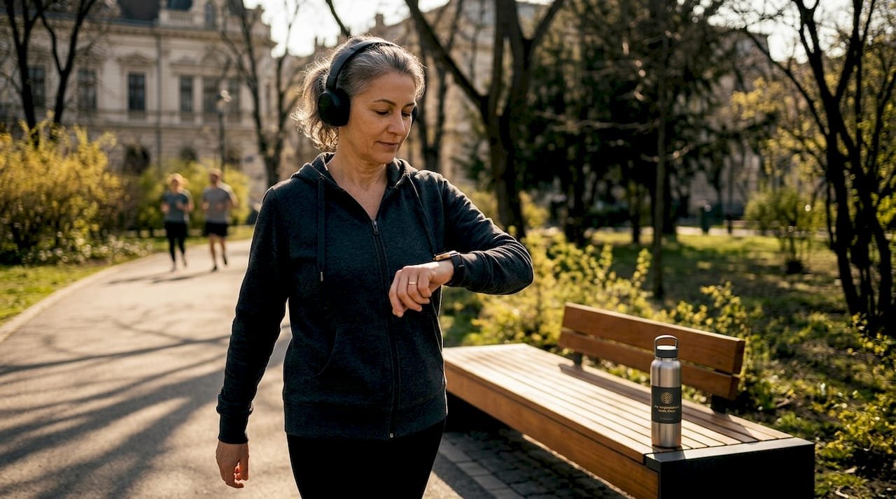 O femeie trecută de prima tinerețe se plimbă prin parc, bucurându-se de liniștea orașului.