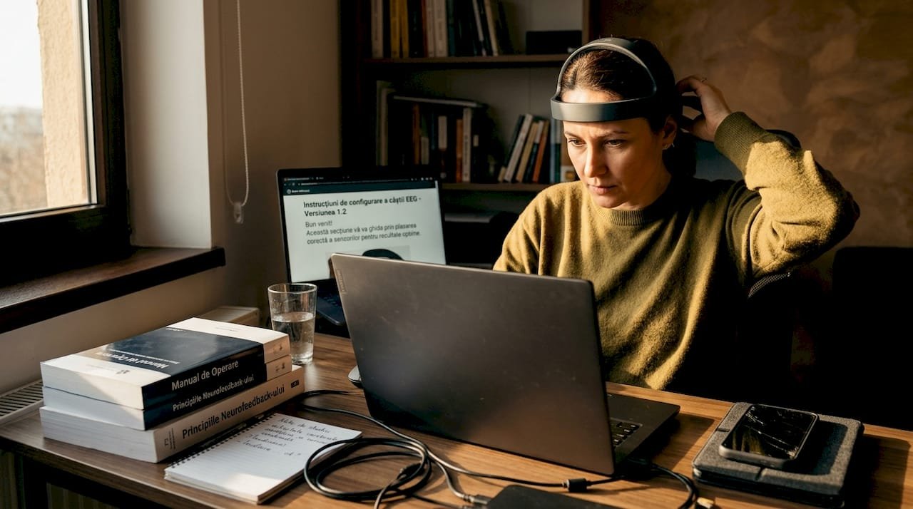 Femeie care își instalează acasă un sistem de neurofeedback pe bază de EEG