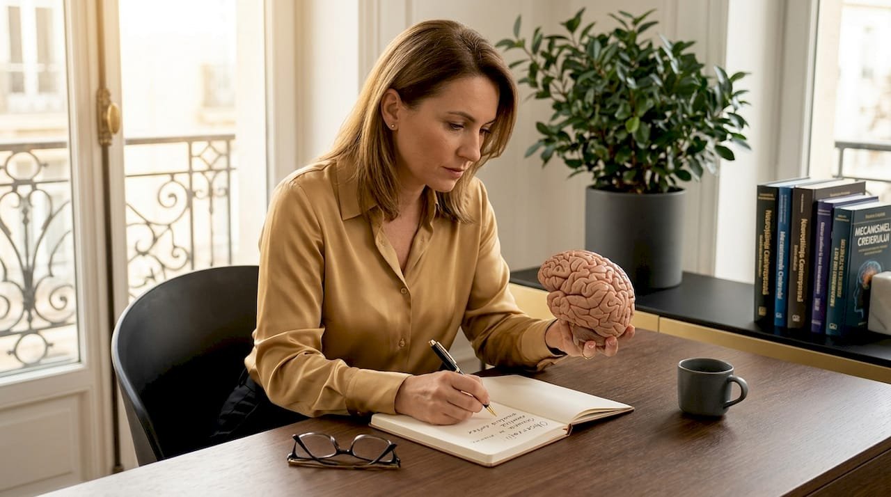 Un neurolog studiază atent un model al creierului, chiar la biroul său de acasă.