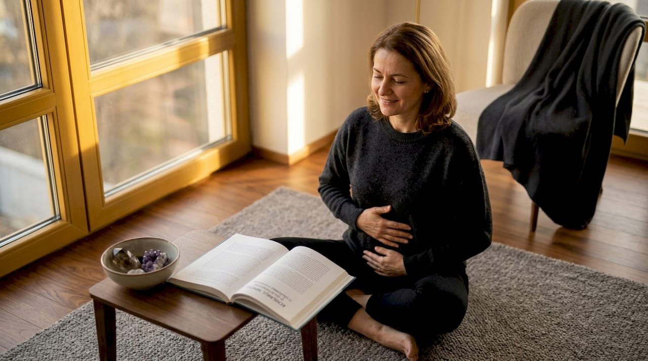 Femeie care practică exerciții de respirație abdominală și meditație în confortul propriei case