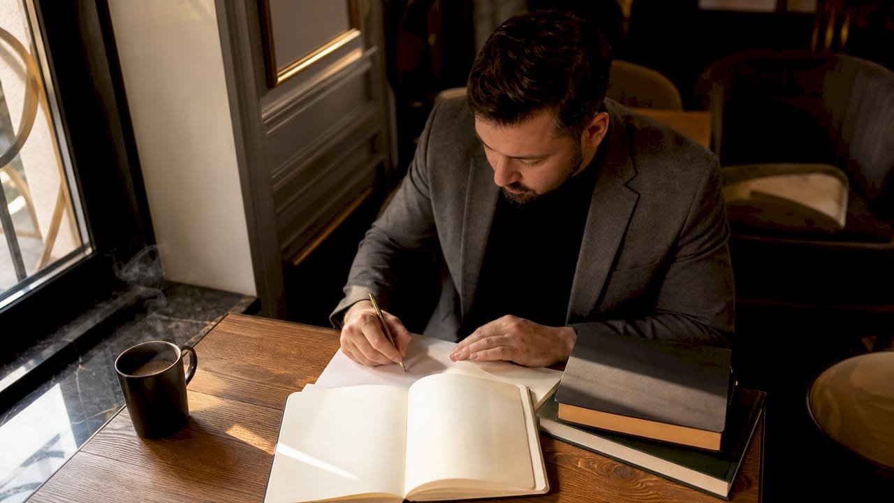 Un bărbat își notează gândurile și impresiile în jurnal, liniștit, acasă.