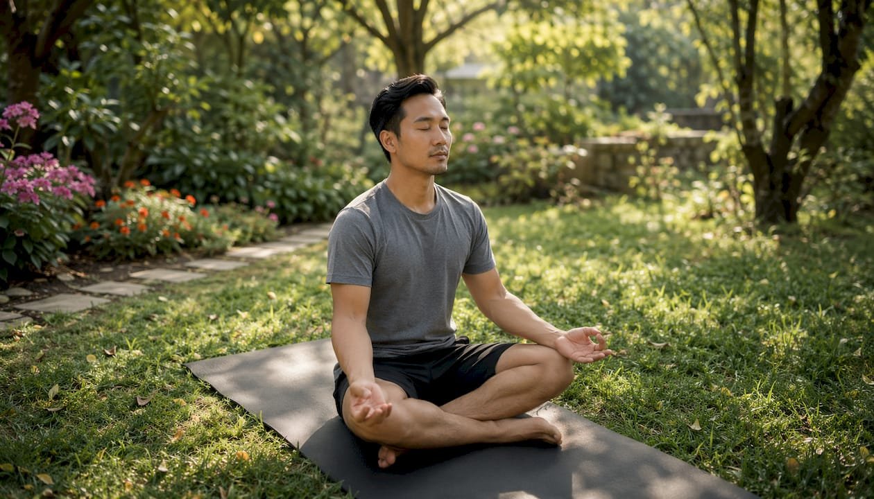 Un bărbat stă liniștit în sufragerie și practică mindfulness, concentrându-se pe respirație și pe momentul prezent.