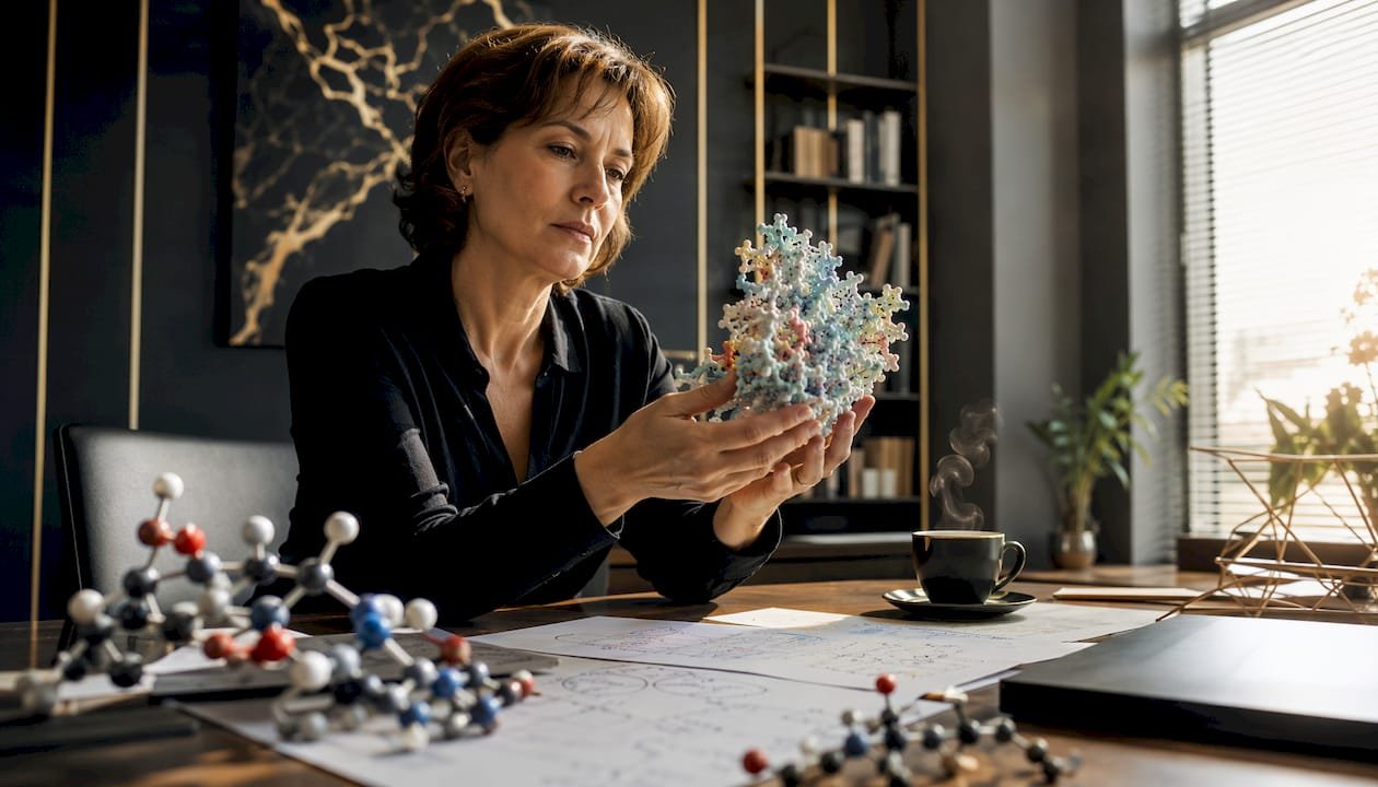 Un neurolog analizează un model al receptorilor de serotonină