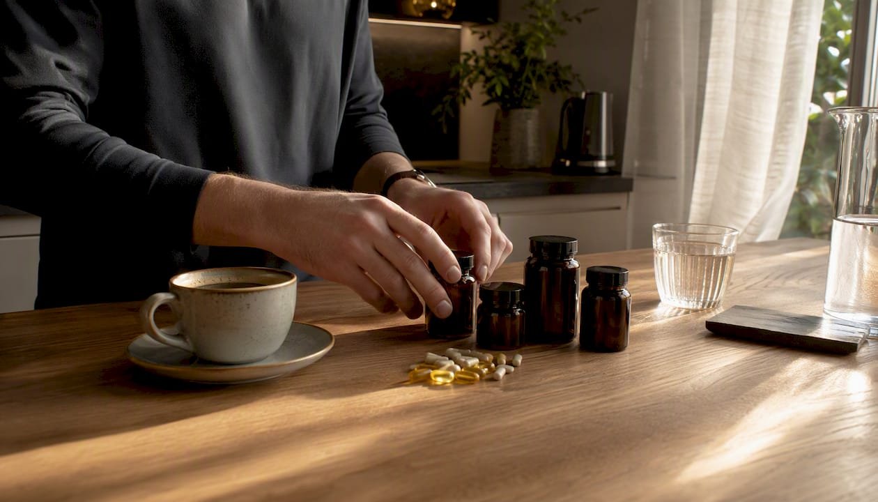 Mâini care așază suplimente pentru biohacking și diverse gadgeturi pentru sănătate și bunăstare